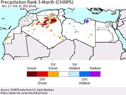 North Africa Precipitation Rank since 1981, 3-Month (CHIRPS) Thematic Map For 11/11/2020 - 2/10/2021