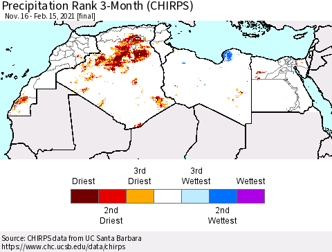 North Africa Precipitation Rank since 1981, 3-Month (CHIRPS) Thematic Map For 11/16/2020 - 2/15/2021