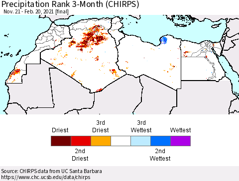 North Africa Precipitation Rank since 1981, 3-Month (CHIRPS) Thematic Map For 11/21/2020 - 2/20/2021
