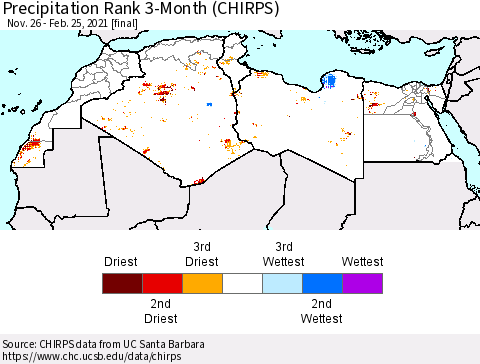 North Africa Precipitation Rank since 1981, 3-Month (CHIRPS) Thematic Map For 11/26/2020 - 2/25/2021