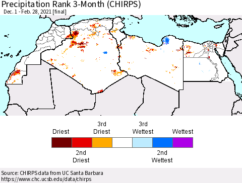 North Africa Precipitation Rank since 1981, 3-Month (CHIRPS) Thematic Map For 12/1/2020 - 2/28/2021