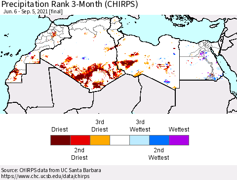 North Africa Precipitation Rank since 1981, 3-Month (CHIRPS) Thematic Map For 6/6/2021 - 9/5/2021