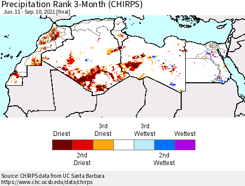 North Africa Precipitation Rank since 1981, 3-Month (CHIRPS) Thematic Map For 6/11/2021 - 9/10/2021