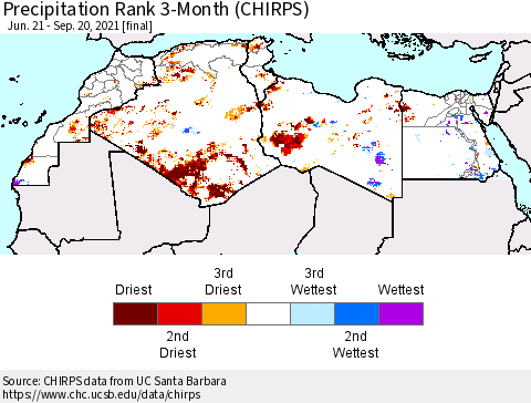 North Africa Precipitation Rank since 1981, 3-Month (CHIRPS) Thematic Map For 6/21/2021 - 9/20/2021