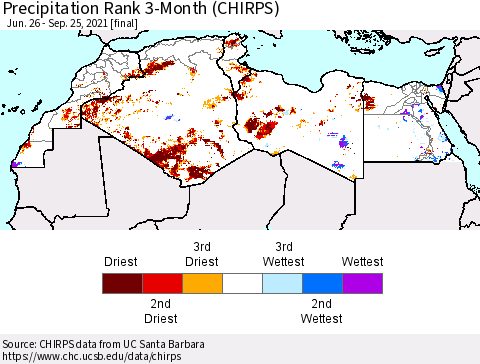 North Africa Precipitation Rank since 1981, 3-Month (CHIRPS) Thematic Map For 6/26/2021 - 9/25/2021
