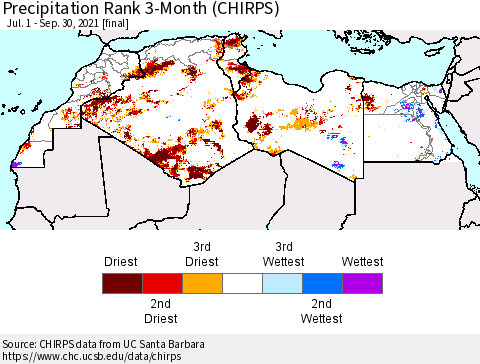 North Africa Precipitation Rank since 1981, 3-Month (CHIRPS) Thematic Map For 7/1/2021 - 9/30/2021