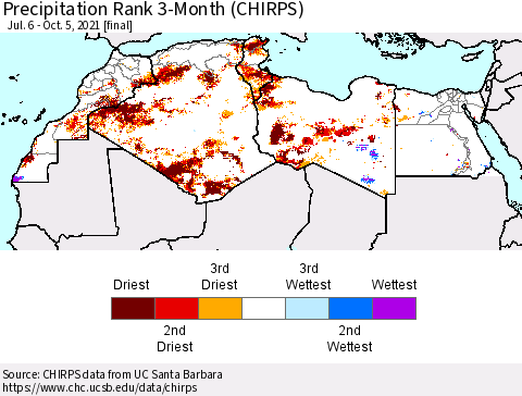North Africa Precipitation Rank since 1981, 3-Month (CHIRPS) Thematic Map For 7/6/2021 - 10/5/2021