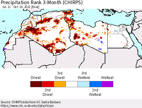 North Africa Precipitation Rank since 1981, 3-Month (CHIRPS) Thematic Map For 7/11/2021 - 10/10/2021