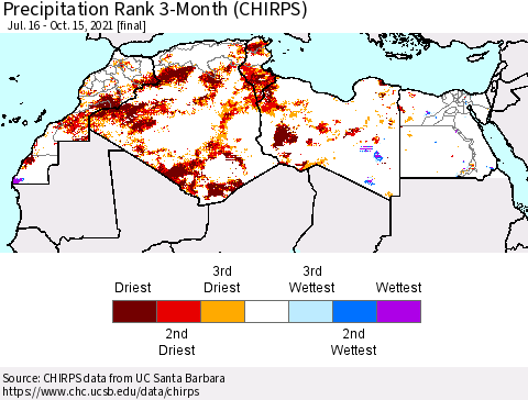 North Africa Precipitation Rank since 1981, 3-Month (CHIRPS) Thematic Map For 7/16/2021 - 10/15/2021