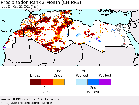 North Africa Precipitation Rank since 1981, 3-Month (CHIRPS) Thematic Map For 7/21/2021 - 10/20/2021