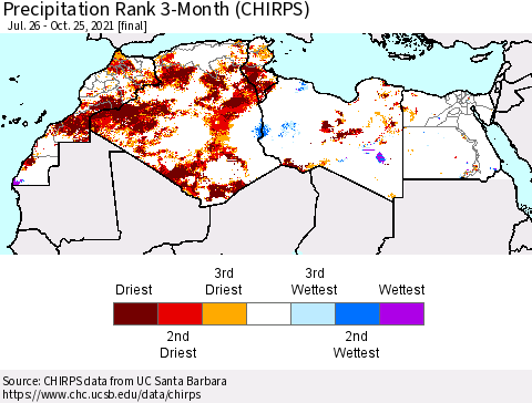 North Africa Precipitation Rank since 1981, 3-Month (CHIRPS) Thematic Map For 7/26/2021 - 10/25/2021