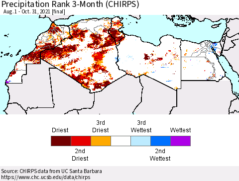 North Africa Precipitation Rank since 1981, 3-Month (CHIRPS) Thematic Map For 8/1/2021 - 10/31/2021
