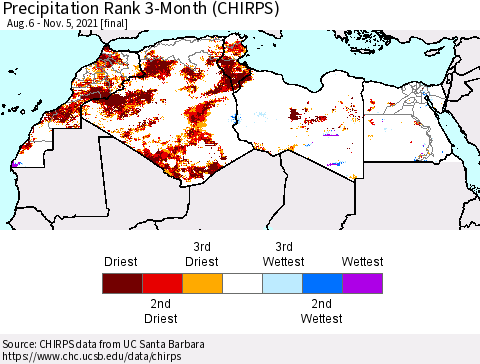 North Africa Precipitation Rank since 1981, 3-Month (CHIRPS) Thematic Map For 8/6/2021 - 11/5/2021