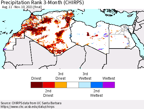 North Africa Precipitation Rank since 1981, 3-Month (CHIRPS) Thematic Map For 8/11/2021 - 11/10/2021