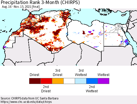 North Africa Precipitation Rank since 1981, 3-Month (CHIRPS) Thematic Map For 8/16/2021 - 11/15/2021