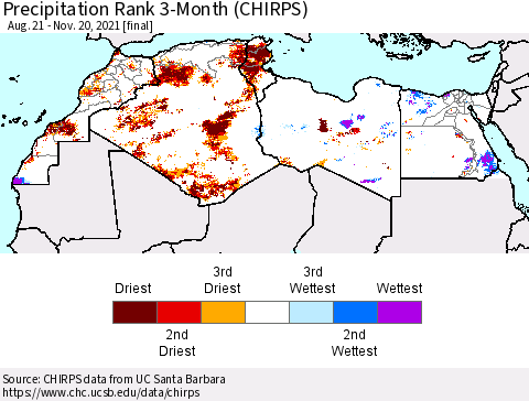 North Africa Precipitation Rank since 1981, 3-Month (CHIRPS) Thematic Map For 8/21/2021 - 11/20/2021