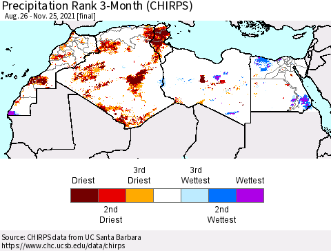 North Africa Precipitation Rank since 1981, 3-Month (CHIRPS) Thematic Map For 8/26/2021 - 11/25/2021