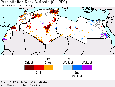 North Africa Precipitation Rank since 1981, 3-Month (CHIRPS) Thematic Map For 9/1/2021 - 11/30/2021