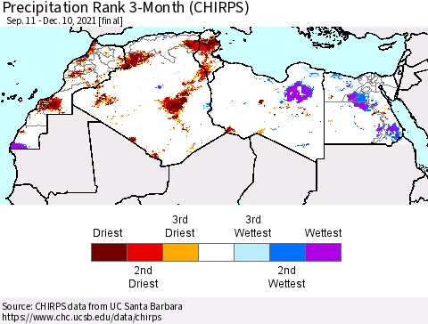 North Africa Precipitation Rank since 1981, 3-Month (CHIRPS) Thematic Map For 9/11/2021 - 12/10/2021