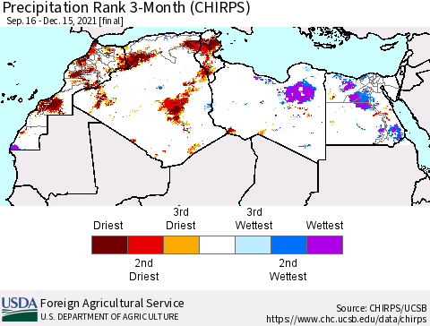 North Africa Precipitation Rank since 1981, 3-Month (CHIRPS) Thematic Map For 9/16/2021 - 12/15/2021