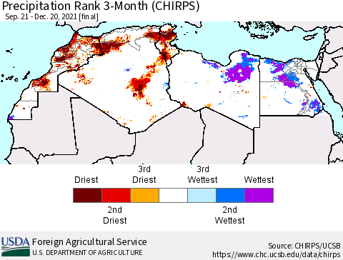 North Africa Precipitation Rank since 1981, 3-Month (CHIRPS) Thematic Map For 9/21/2021 - 12/20/2021