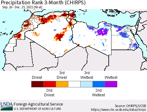 North Africa Precipitation Rank since 1981, 3-Month (CHIRPS) Thematic Map For 9/26/2021 - 12/25/2021