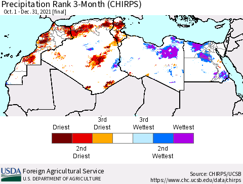 North Africa Precipitation Rank since 1981, 3-Month (CHIRPS) Thematic Map For 10/1/2021 - 12/31/2021