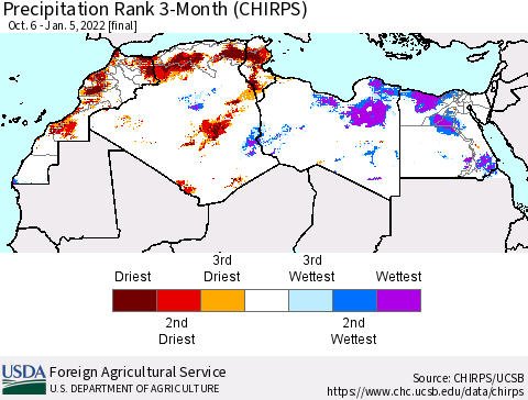 North Africa Precipitation Rank since 1981, 3-Month (CHIRPS) Thematic Map For 10/6/2021 - 1/5/2022