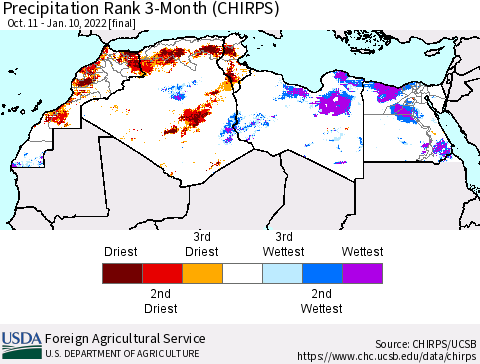 North Africa Precipitation Rank since 1981, 3-Month (CHIRPS) Thematic Map For 10/11/2021 - 1/10/2022