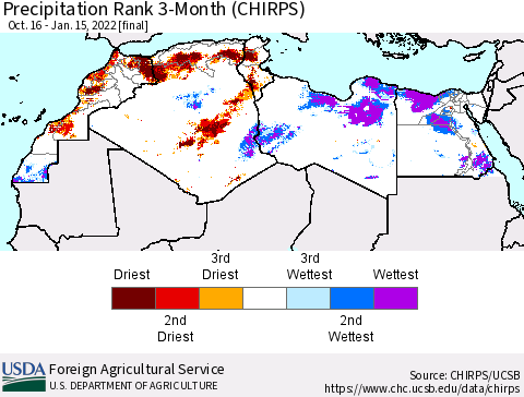 North Africa Precipitation Rank since 1981, 3-Month (CHIRPS) Thematic Map For 10/16/2021 - 1/15/2022