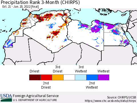 North Africa Precipitation Rank since 1981, 3-Month (CHIRPS) Thematic Map For 10/21/2021 - 1/20/2022
