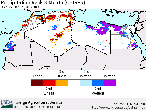North Africa Precipitation Rank since 1981, 3-Month (CHIRPS) Thematic Map For 10/26/2021 - 1/25/2022