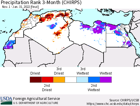 North Africa Precipitation Rank since 1981, 3-Month (CHIRPS) Thematic Map For 11/1/2021 - 1/31/2022