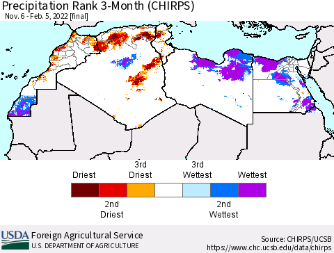 North Africa Precipitation Rank since 1981, 3-Month (CHIRPS) Thematic Map For 11/6/2021 - 2/5/2022