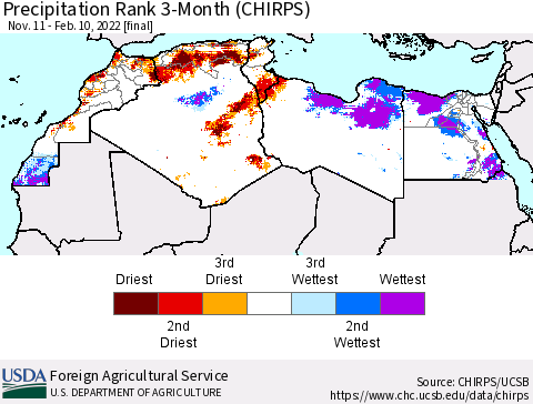 North Africa Precipitation Rank since 1981, 3-Month (CHIRPS) Thematic Map For 11/11/2021 - 2/10/2022