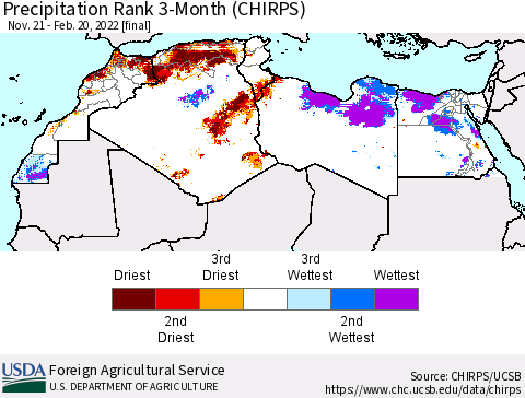 North Africa Precipitation Rank since 1981, 3-Month (CHIRPS) Thematic Map For 11/21/2021 - 2/20/2022