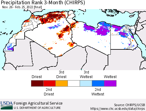 North Africa Precipitation Rank since 1981, 3-Month (CHIRPS) Thematic Map For 11/26/2021 - 2/25/2022