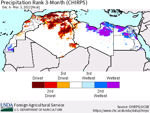North Africa Precipitation Rank since 1981, 3-Month (CHIRPS) Thematic Map For 12/6/2021 - 3/5/2022