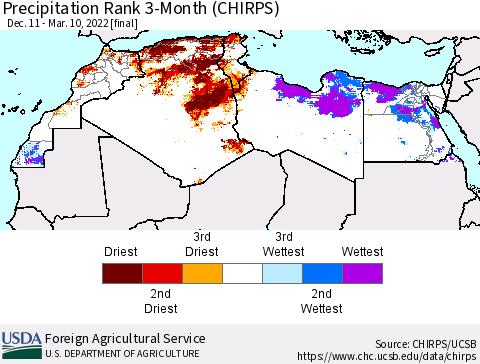 North Africa Precipitation Rank since 1981, 3-Month (CHIRPS) Thematic Map For 12/11/2021 - 3/10/2022
