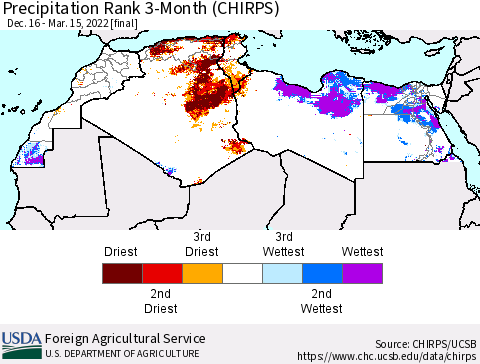North Africa Precipitation Rank since 1981, 3-Month (CHIRPS) Thematic Map For 12/16/2021 - 3/15/2022
