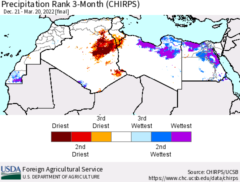 North Africa Precipitation Rank since 1981, 3-Month (CHIRPS) Thematic Map For 12/21/2021 - 3/20/2022