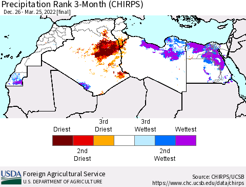 North Africa Precipitation Rank since 1981, 3-Month (CHIRPS) Thematic Map For 12/26/2021 - 3/25/2022