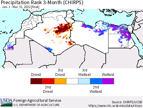 North Africa Precipitation Rank since 1981, 3-Month (CHIRPS) Thematic Map For 1/1/2022 - 3/31/2022