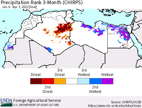 North Africa Precipitation Rank since 1981, 3-Month (CHIRPS) Thematic Map For 1/6/2022 - 4/5/2022