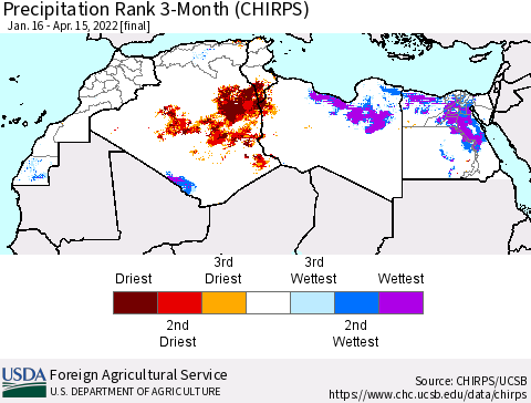 North Africa Precipitation Rank since 1981, 3-Month (CHIRPS) Thematic Map For 1/16/2022 - 4/15/2022