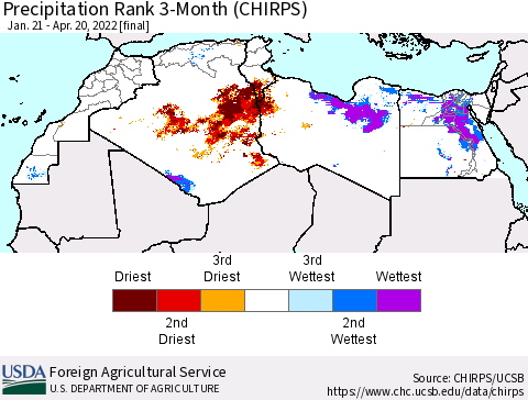 North Africa Precipitation Rank since 1981, 3-Month (CHIRPS) Thematic Map For 1/21/2022 - 4/20/2022
