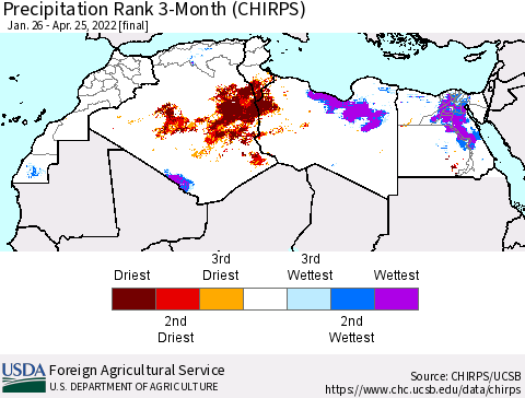 North Africa Precipitation Rank since 1981, 3-Month (CHIRPS) Thematic Map For 1/26/2022 - 4/25/2022