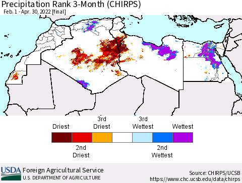 North Africa Precipitation Rank since 1981, 3-Month (CHIRPS) Thematic Map For 2/1/2022 - 4/30/2022