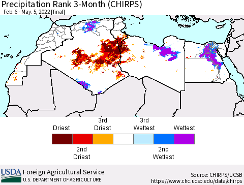 North Africa Precipitation Rank since 1981, 3-Month (CHIRPS) Thematic Map For 2/6/2022 - 5/5/2022