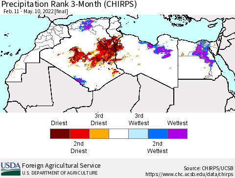 North Africa Precipitation Rank since 1981, 3-Month (CHIRPS) Thematic Map For 2/11/2022 - 5/10/2022